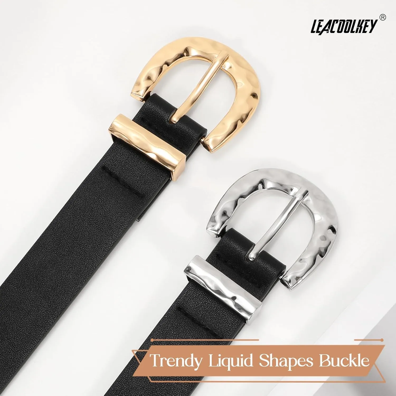 LEACOOLKEY Leather Belt for Women Ladies Waist Belt for Jeans Dress Fashion Leather Belt with Gold Buckle