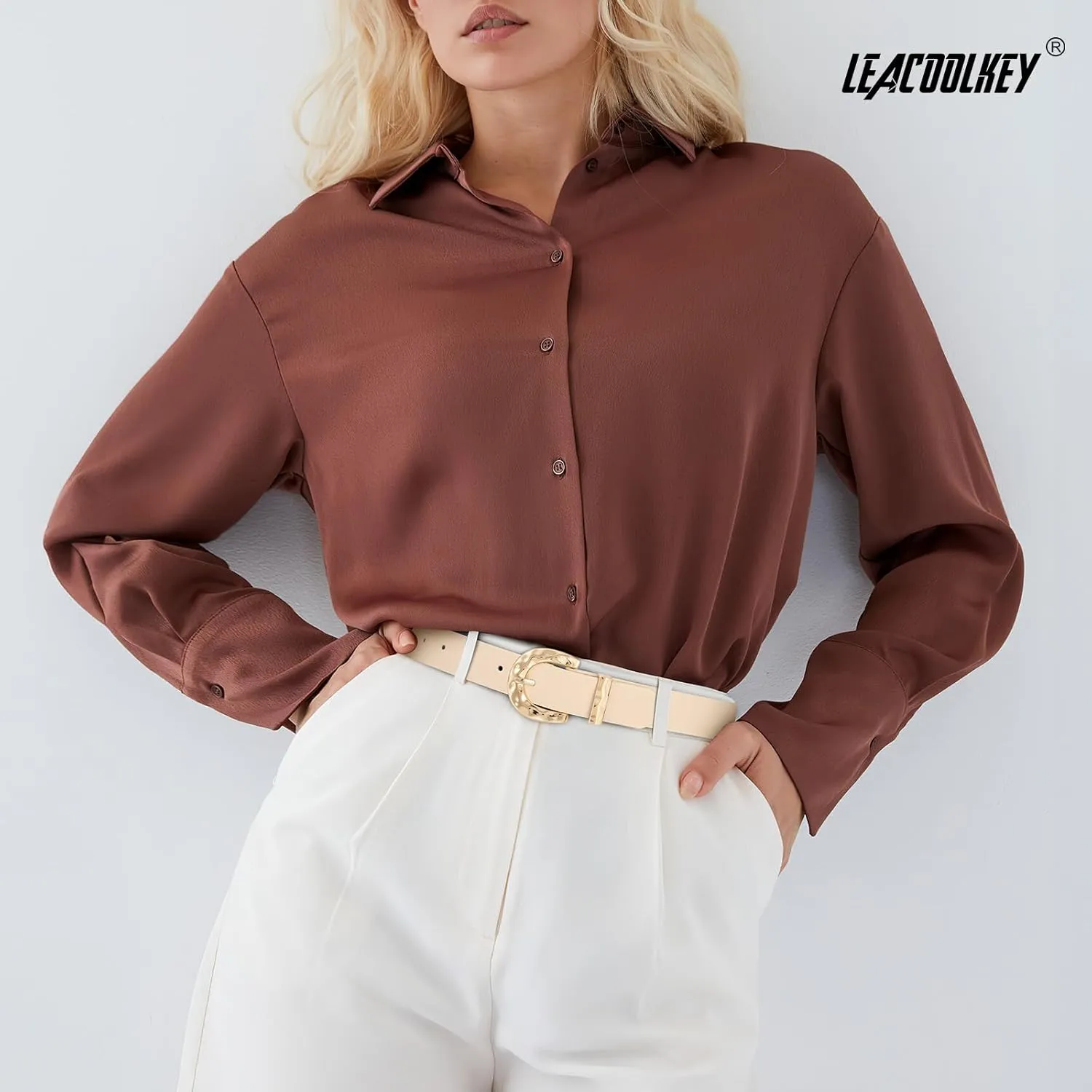 LEACOOLKEY Leather Belt for Women Ladies Waist Belt for Jeans Dress Fashion Leather Belt with Gold Buckle