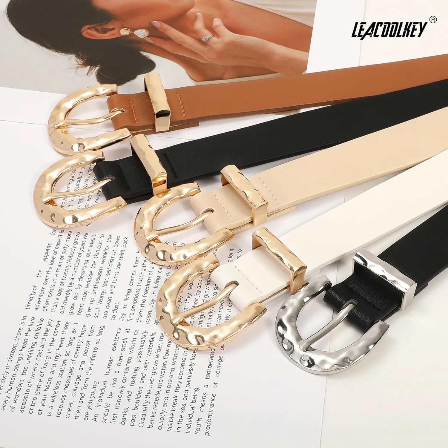 LEACOOLKEY Leather Belt for Women Ladies Waist Belt for Jeans Dress Fashion Leather Belt with Gold Buckle