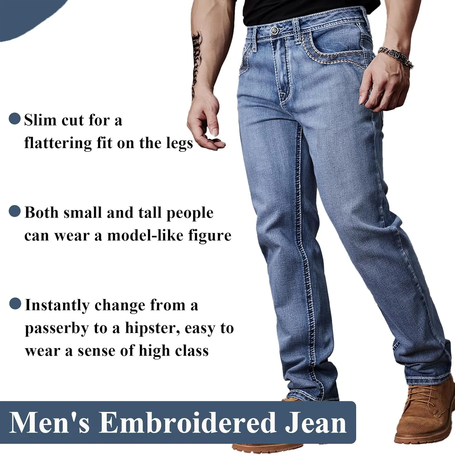 Men's Relaxed Straight Fit Jeans with Comfort Flex Classic Pants for Men Straight Leg Casual Embroidered Jeans
