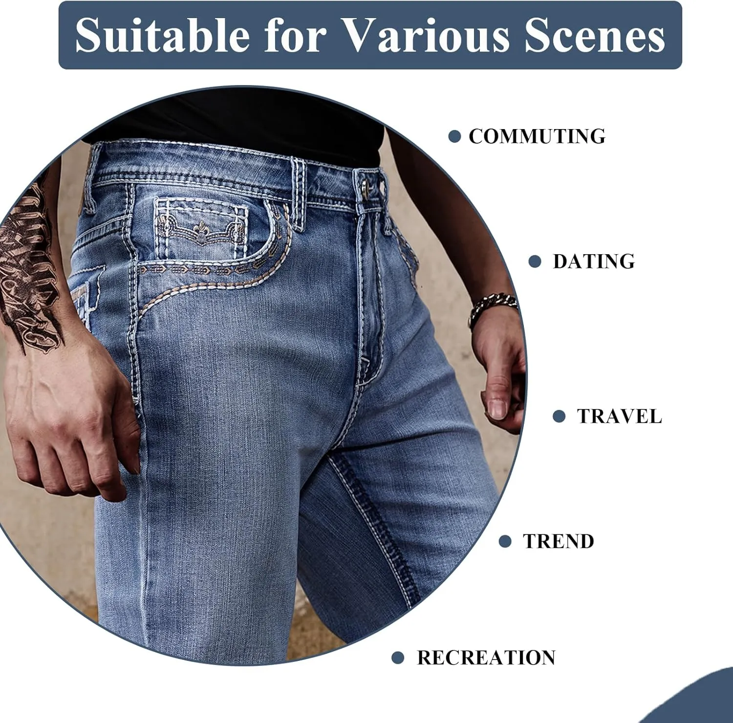 Men's Relaxed Straight Fit Jeans with Comfort Flex Classic Pants for Men Straight Leg Casual Embroidered Jeans