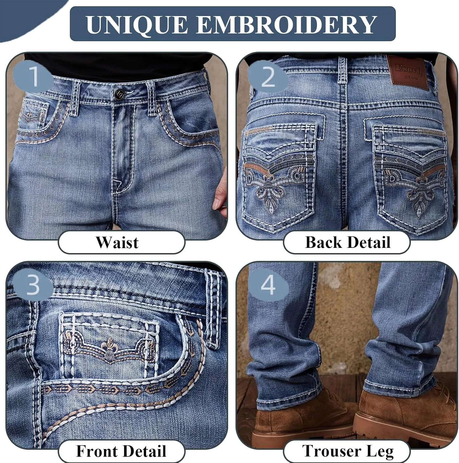 Men's Relaxed Straight Fit Jeans with Comfort Flex Classic Pants for Men Straight Leg Casual Embroidered Jeans