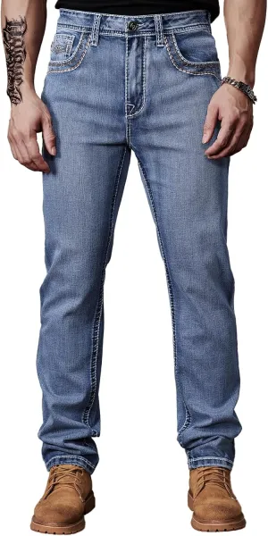 Men's Relaxed Straight Fit Jeans with Comfort Flex Classic Pants for Men Straight Leg Casual Embroidered Jeans