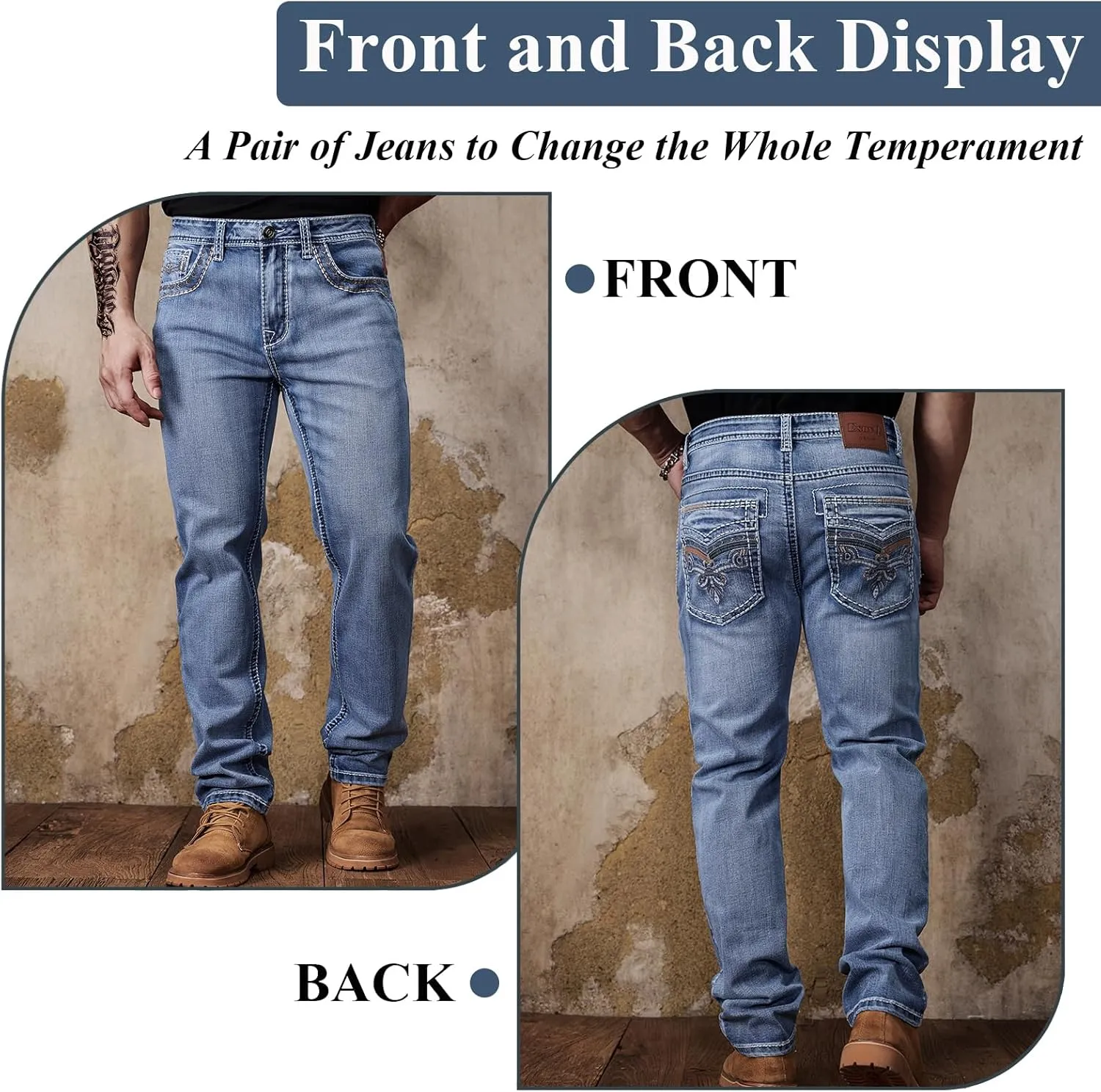 Men's Relaxed Straight Fit Jeans with Comfort Flex Classic Pants for Men Straight Leg Casual Embroidered Jeans