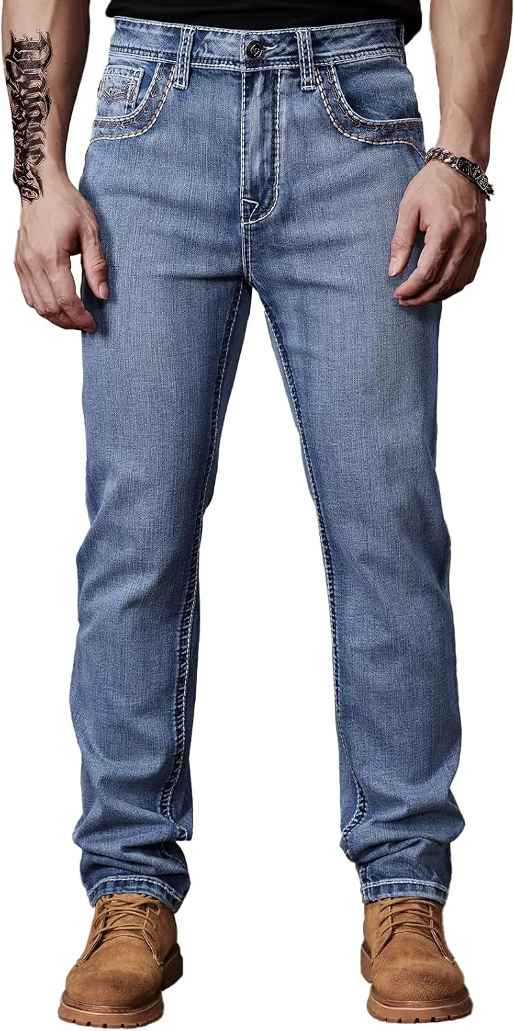 Men's Relaxed Straight Fit Jeans with Comfort Flex Classic Pants for Men Straight Leg Casual Embroidered Jeans