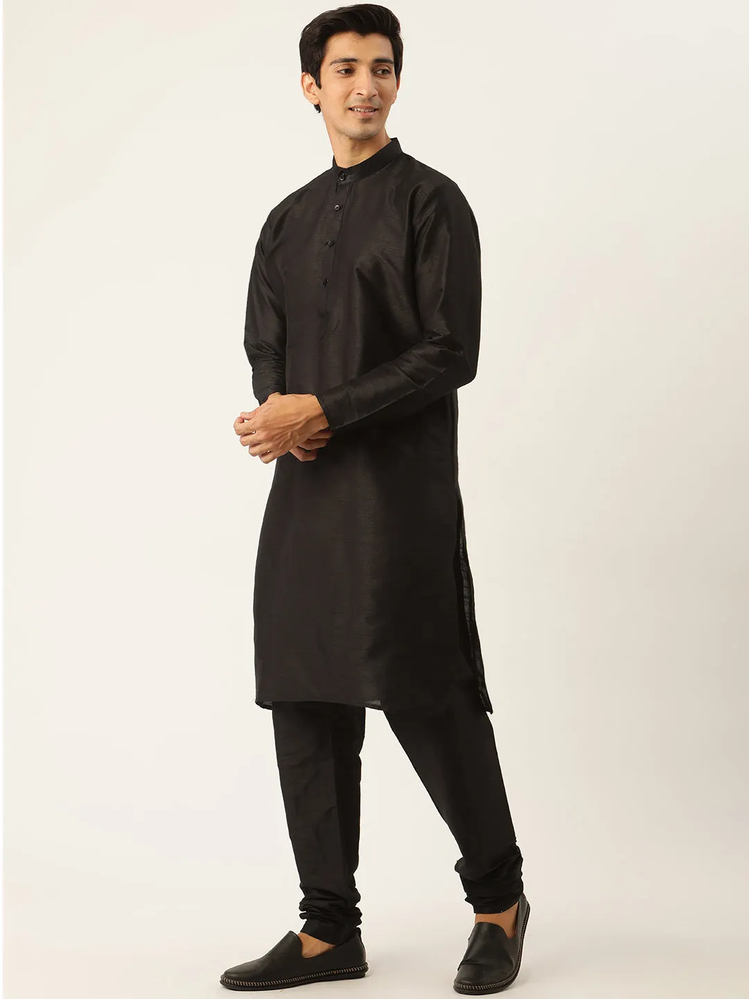 Men's Silk Blend Black Kurta Pyjama & Olive Nehrujacket Combo - Sojanya