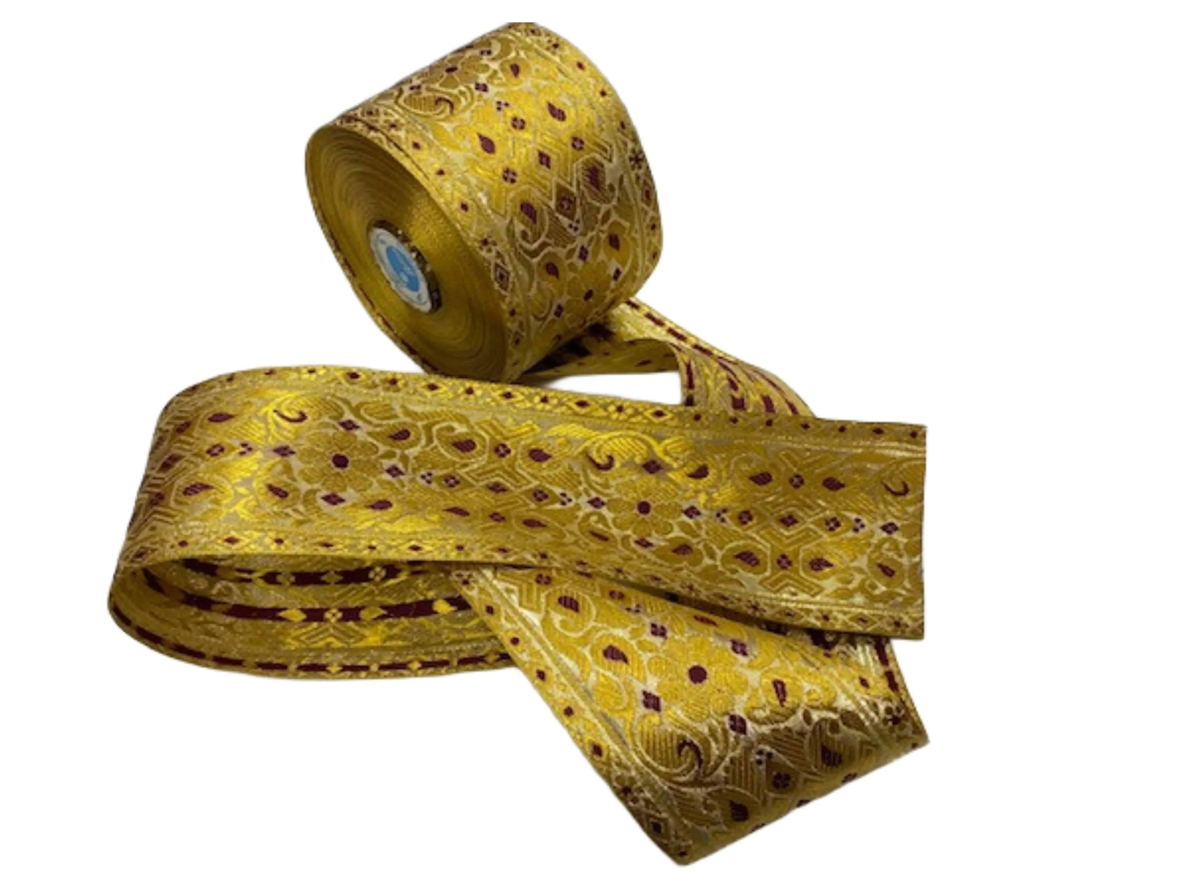 Metallic Jacquard Wide Ribbon - Gold & Wine (82mm Width)