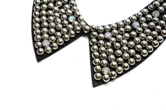 Metallic Silver Beaded Necklace Applique with Rhinestones 9.50" - 1 Piece