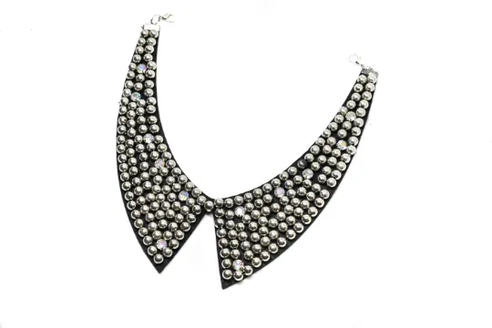Metallic Silver Beaded Necklace Applique with Rhinestones 9.50" - 1 Piece