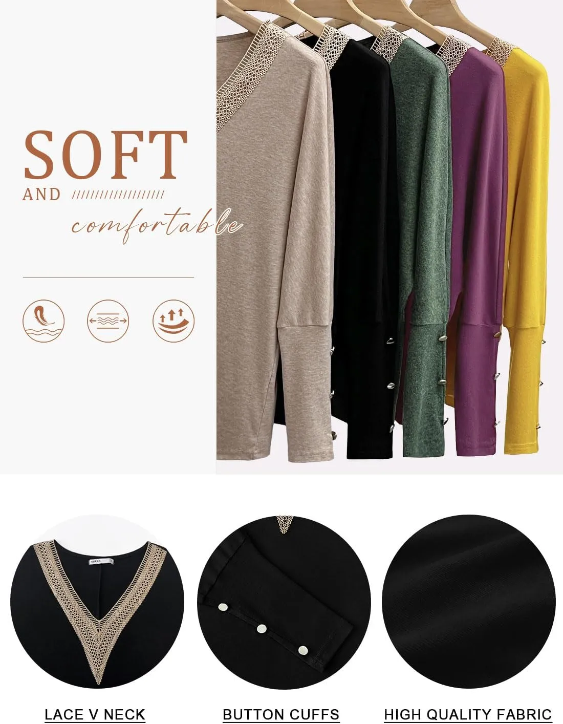 MIHOLL Womens Batwing Long Sleeve Tops Casual Lace V Neck T Shirts Oversized Loose Blouses