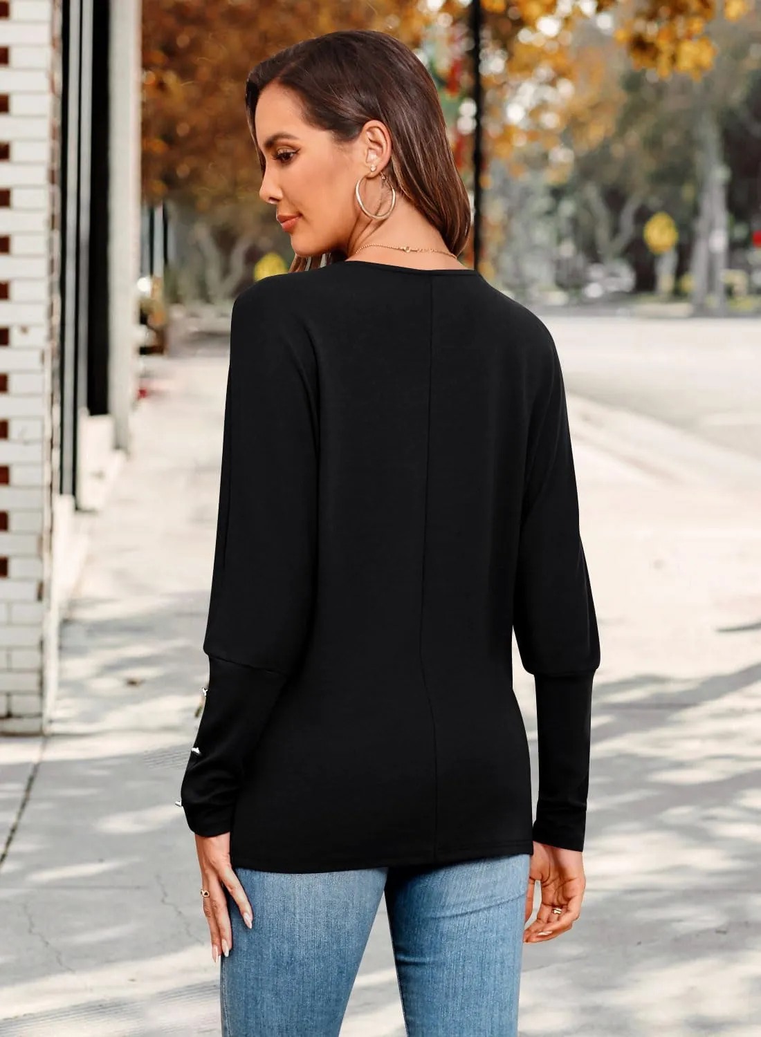 MIHOLL Womens Batwing Long Sleeve Tops Casual Lace V Neck T Shirts Oversized Loose Blouses