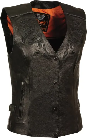 Milwaukee Leather ML1296 Women's Black Leather Side Laced Motorcycle Vest w/Reflective Tribal