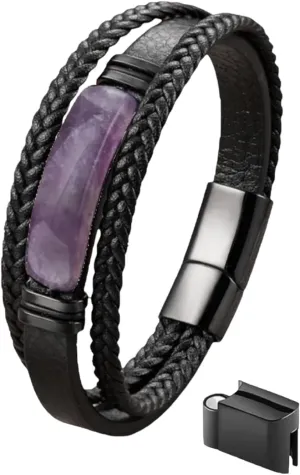 mkat Men's Bracelet with Natural Stone, Gemstone Crystal Jewelry, Three-Row Multilayer Leather Bracelet, Amethyst Bracelet, Lapis Lazuli Bracelet, Gift for Him, Gift for Her