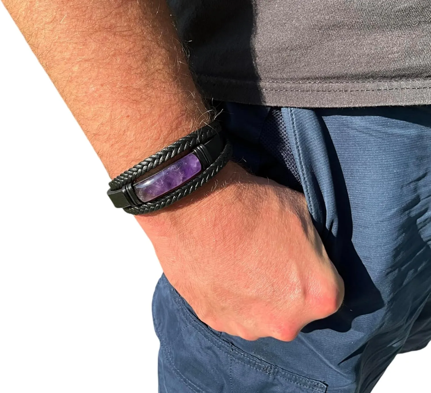 mkat Men's Bracelet with Natural Stone, Gemstone Crystal Jewelry, Three-Row Multilayer Leather Bracelet, Amethyst Bracelet, Lapis Lazuli Bracelet, Gift for Him, Gift for Her