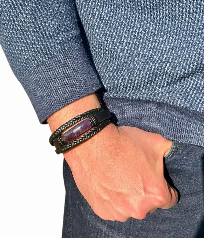 mkat Men's Bracelet with Natural Stone, Gemstone Crystal Jewelry, Three-Row Multilayer Leather Bracelet, Amethyst Bracelet, Lapis Lazuli Bracelet, Gift for Him, Gift for Her