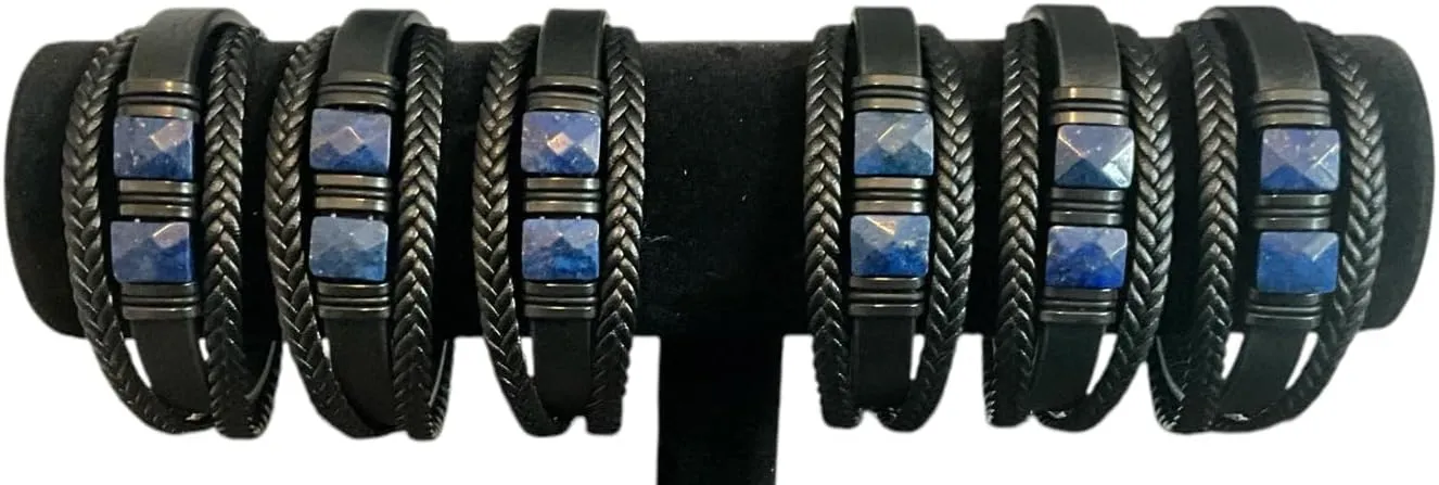 mkat Men's Genuine Leather Bracelet with Natural Stone, Natural Gemstone Bracelet, Black Leather Bracelet for Men, Amethyst Bracelet, Lapis Lazuli Bracelet, Cushion Cut Gemstone Bracelet