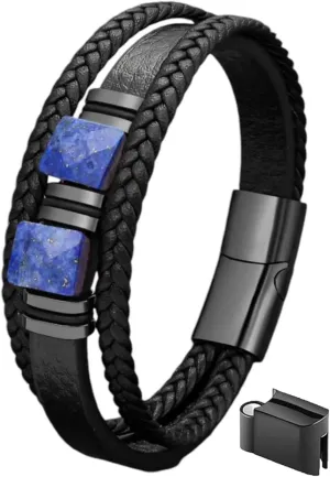 mkat Men's Genuine Leather Bracelet with Natural Stone, Natural Gemstone Bracelet, Black Leather Bracelet for Men, Amethyst Bracelet, Lapis Lazuli Bracelet, Cushion Cut Gemstone Bracelet
