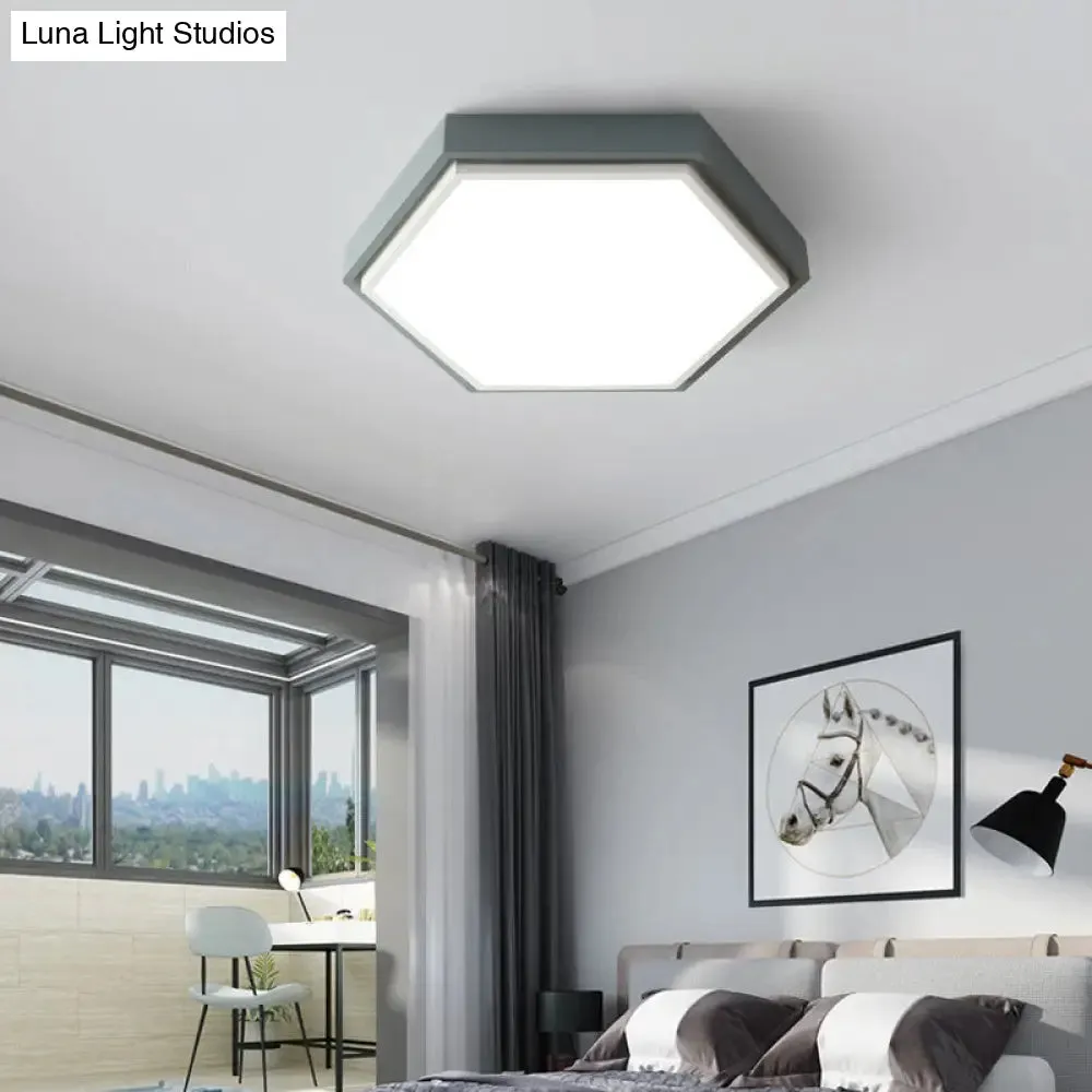 Nordic Hexagon Flushmount Metal LED Ceiling Light - Black/Green/Grey/White, 16"/19.5" Wide, Frosted Acrylic Shade