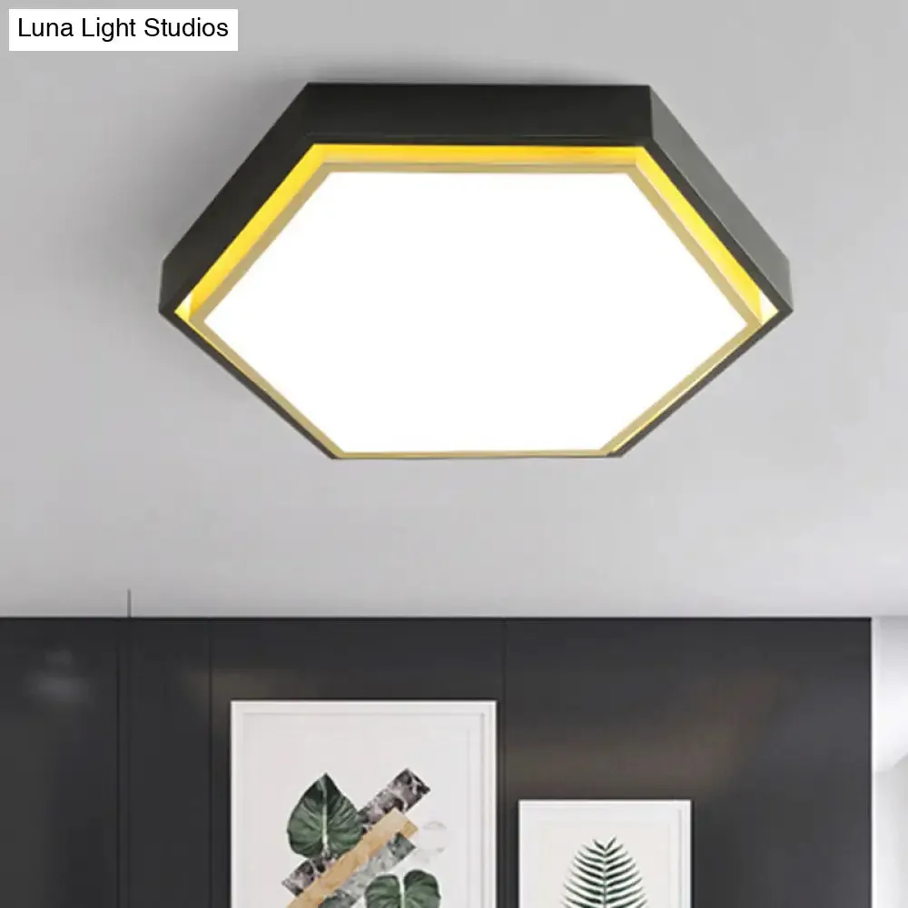 Nordic Hexagon Flushmount Metal LED Ceiling Light - Black/Green/Grey/White, 16"/19.5" Wide, Frosted Acrylic Shade