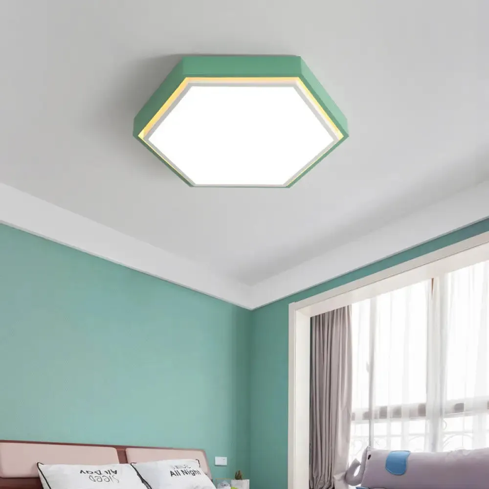 Nordic Hexagon Flushmount Metal LED Ceiling Light - Black/Green/Grey/White, 16"/19.5" Wide, Frosted Acrylic Shade