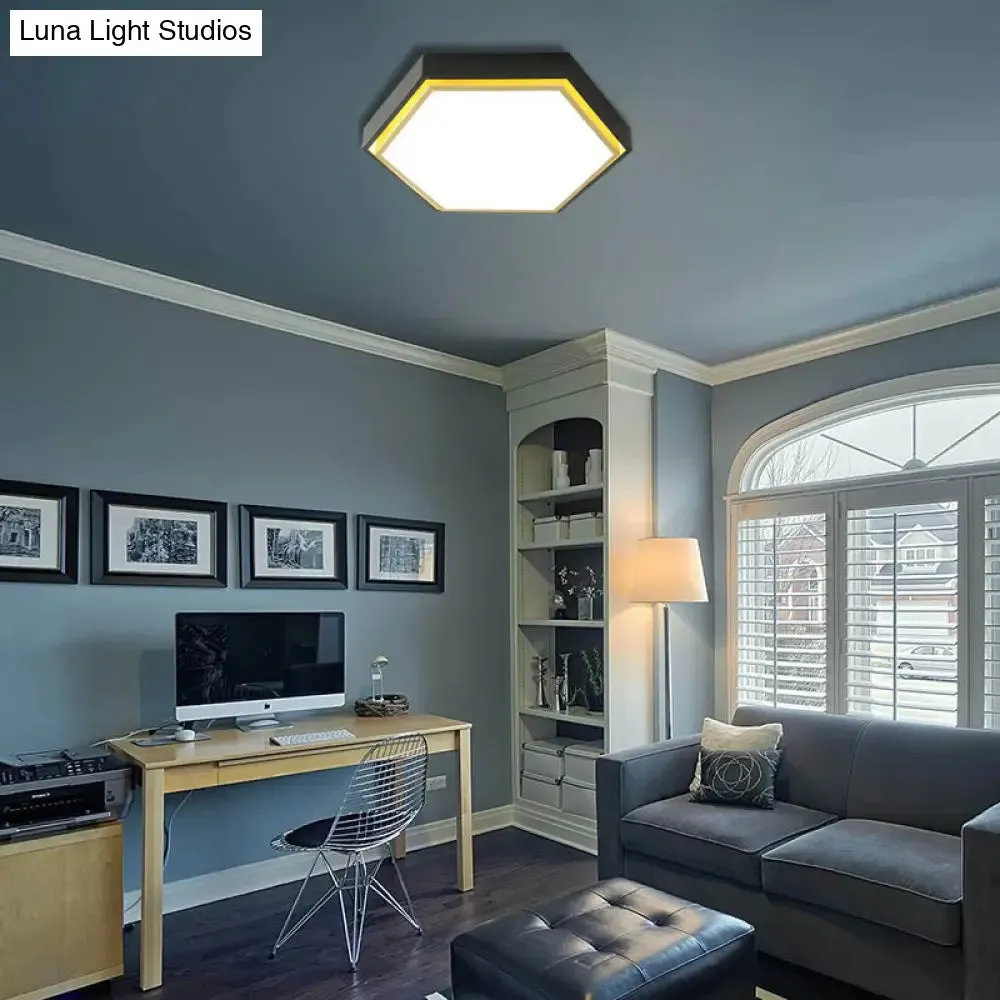 Nordic Hexagon Flushmount Metal LED Ceiling Light - Black/Green/Grey/White, 16"/19.5" Wide, Frosted Acrylic Shade