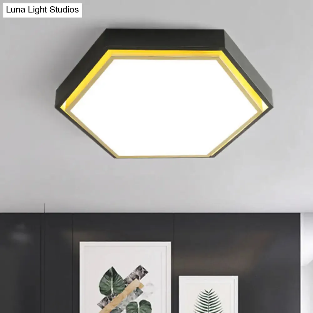 Nordic Hexagon Flushmount Metal LED Ceiling Light - Black/Green/Grey/White, 16"/19.5" Wide, Frosted Acrylic Shade