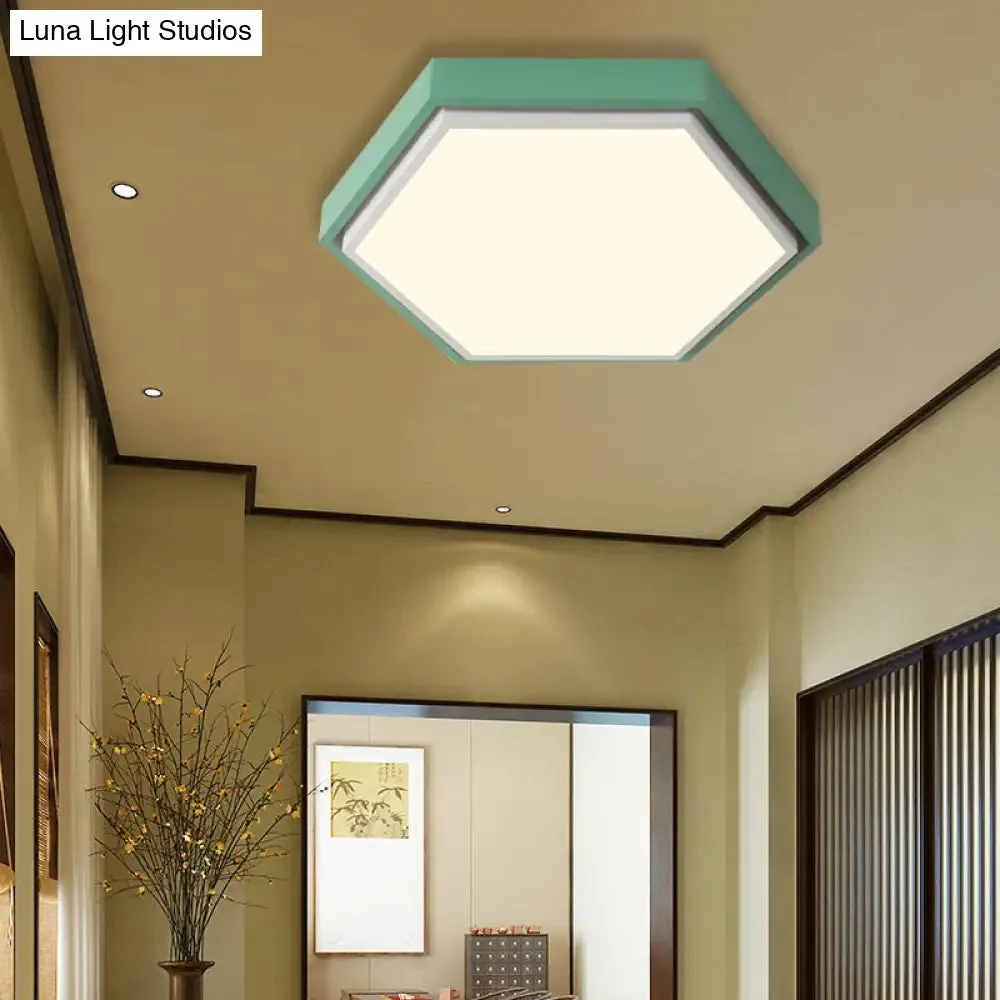 Nordic Hexagon Flushmount Metal LED Ceiling Light - Black/Green/Grey/White, 16"/19.5" Wide, Frosted Acrylic Shade