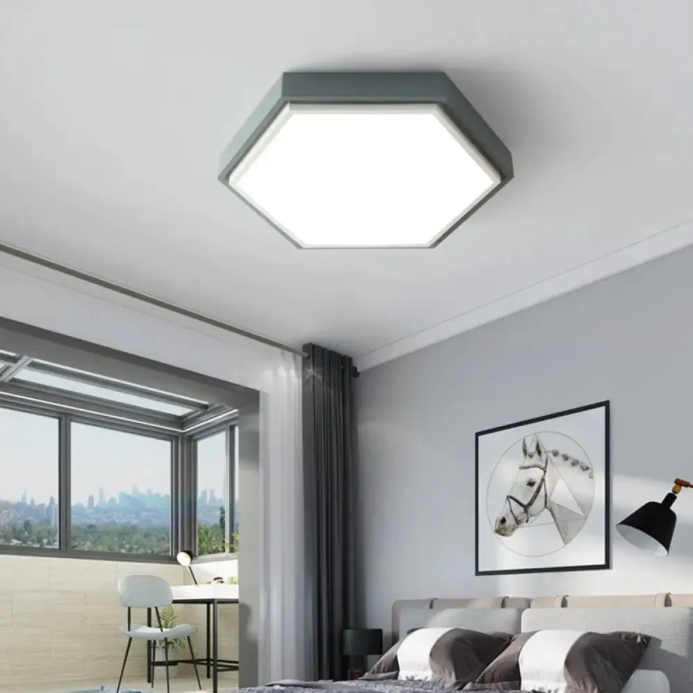 Nordic Hexagon Flushmount Metal LED Ceiling Light - Black/Green/Grey/White, 16"/19.5" Wide, Frosted Acrylic Shade