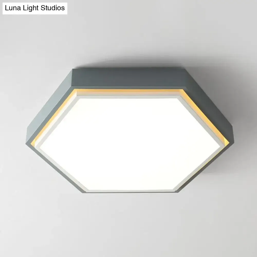 Nordic Hexagon Flushmount Metal LED Ceiling Light - Black/Green/Grey/White, 16"/19.5" Wide, Frosted Acrylic Shade