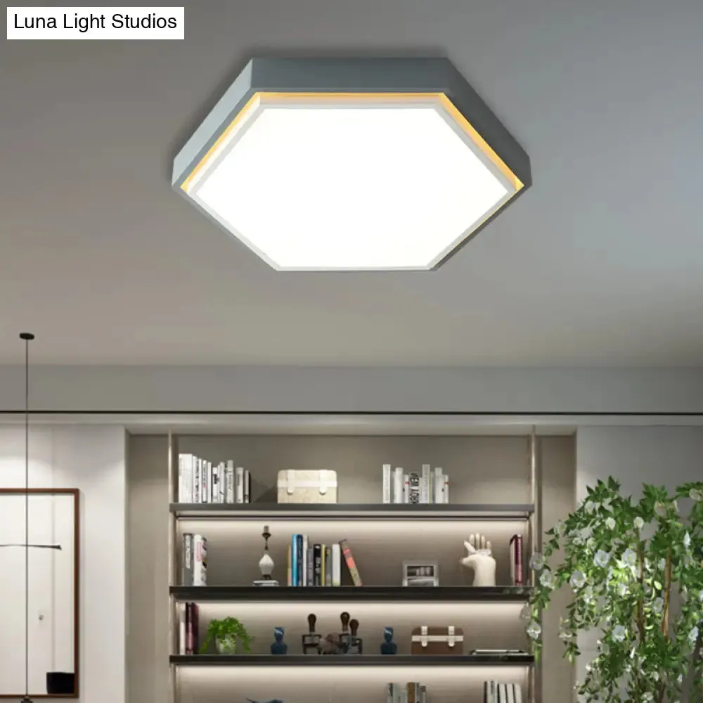 Nordic Hexagon Flushmount Metal LED Ceiling Light - Black/Green/Grey/White, 16"/19.5" Wide, Frosted Acrylic Shade