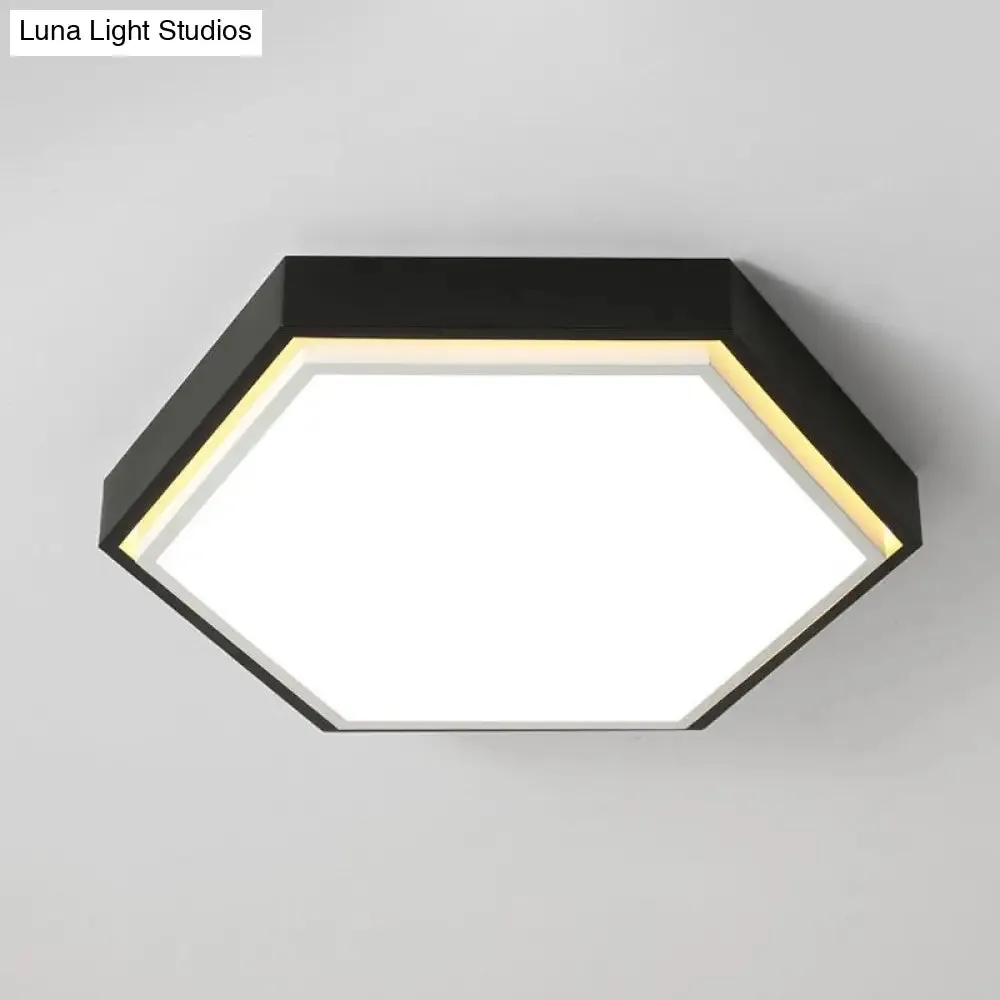 Nordic Hexagon Flushmount Metal LED Ceiling Light - Black/Green/Grey/White, 16"/19.5" Wide, Frosted Acrylic Shade