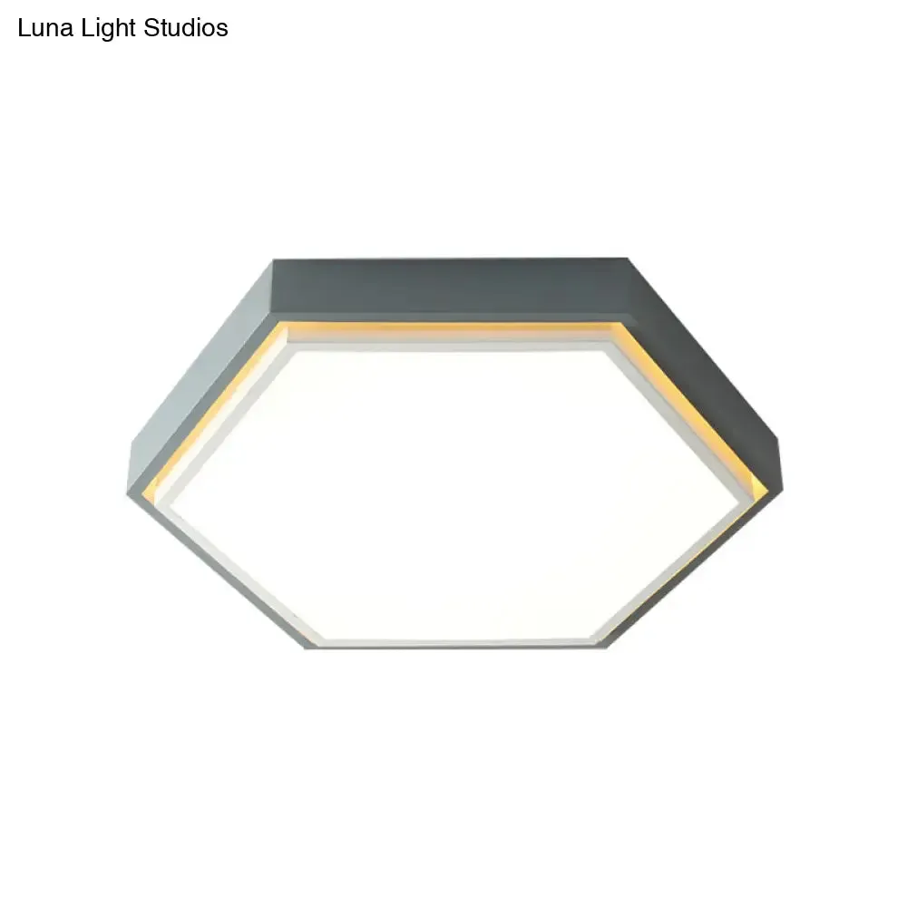 Nordic Hexagon Flushmount Metal LED Ceiling Light - Black/Green/Grey/White, 16"/19.5" Wide, Frosted Acrylic Shade
