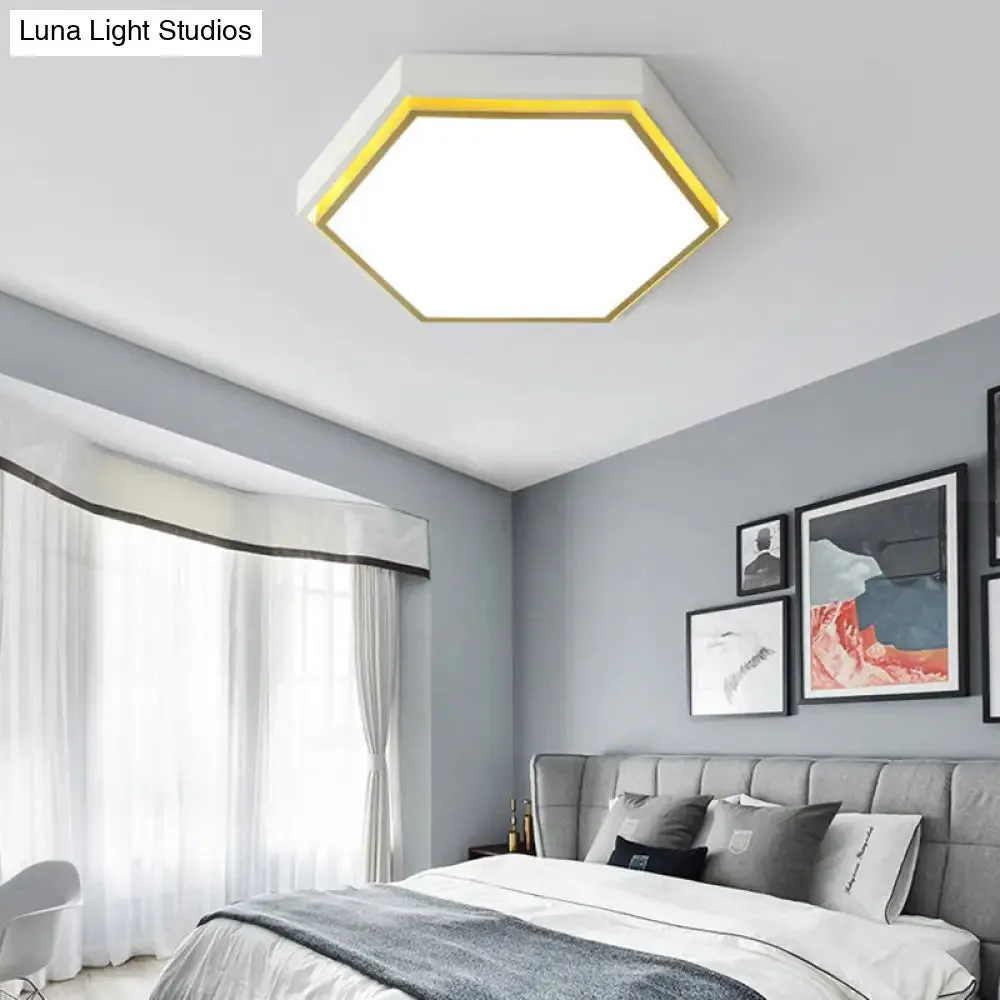 Nordic Hexagon Flushmount Metal LED Ceiling Light - Black/Green/Grey/White, 16"/19.5" Wide, Frosted Acrylic Shade