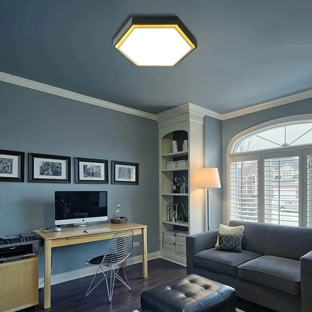 Nordic Hexagon Flushmount Metal LED Ceiling Light - Black/Green/Grey/White, 16"/19.5" Wide, Frosted Acrylic Shade