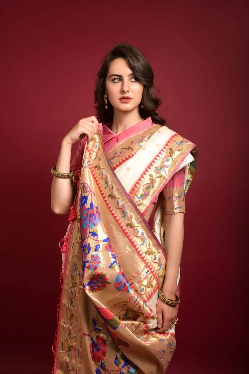Off White Banarasi Soft Silk Paithani Saree