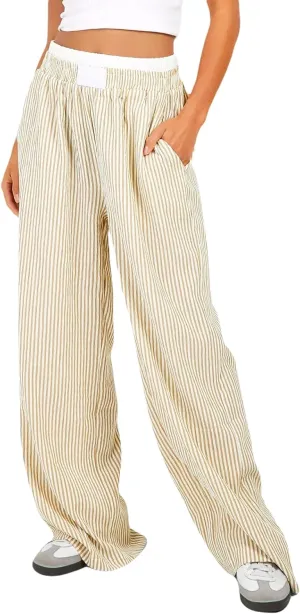 Owl's-Yard Women Y2K Stripe Print Pants Elastic Waist Dreawstring Wide Leg Trousers Striped Casual Lounge Pants with Pockets