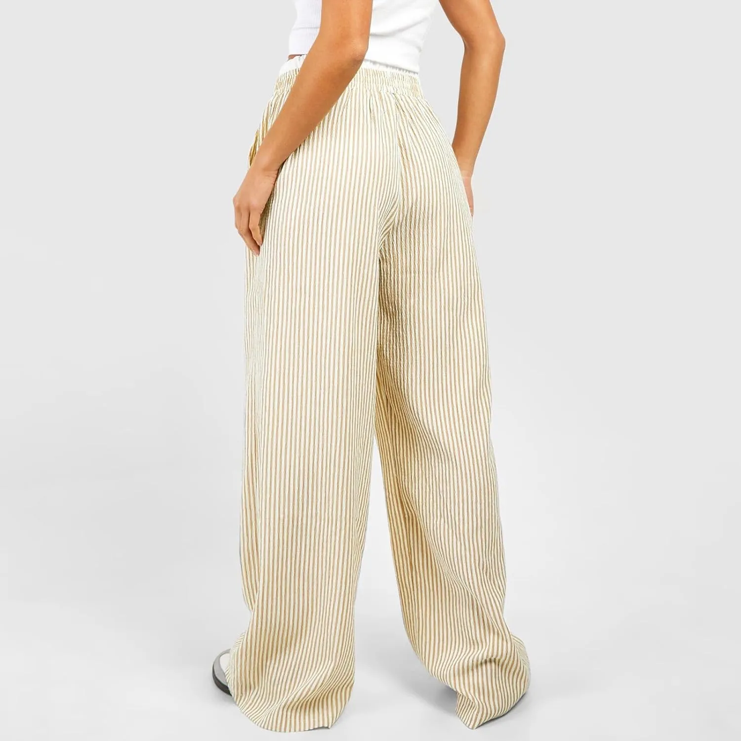Owl's-Yard Women Y2K Stripe Print Pants Elastic Waist Dreawstring Wide Leg Trousers Striped Casual Lounge Pants with Pockets