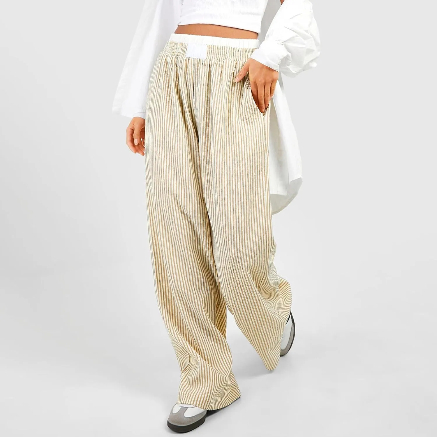 Owl's-Yard Women Y2K Stripe Print Pants Elastic Waist Dreawstring Wide Leg Trousers Striped Casual Lounge Pants with Pockets