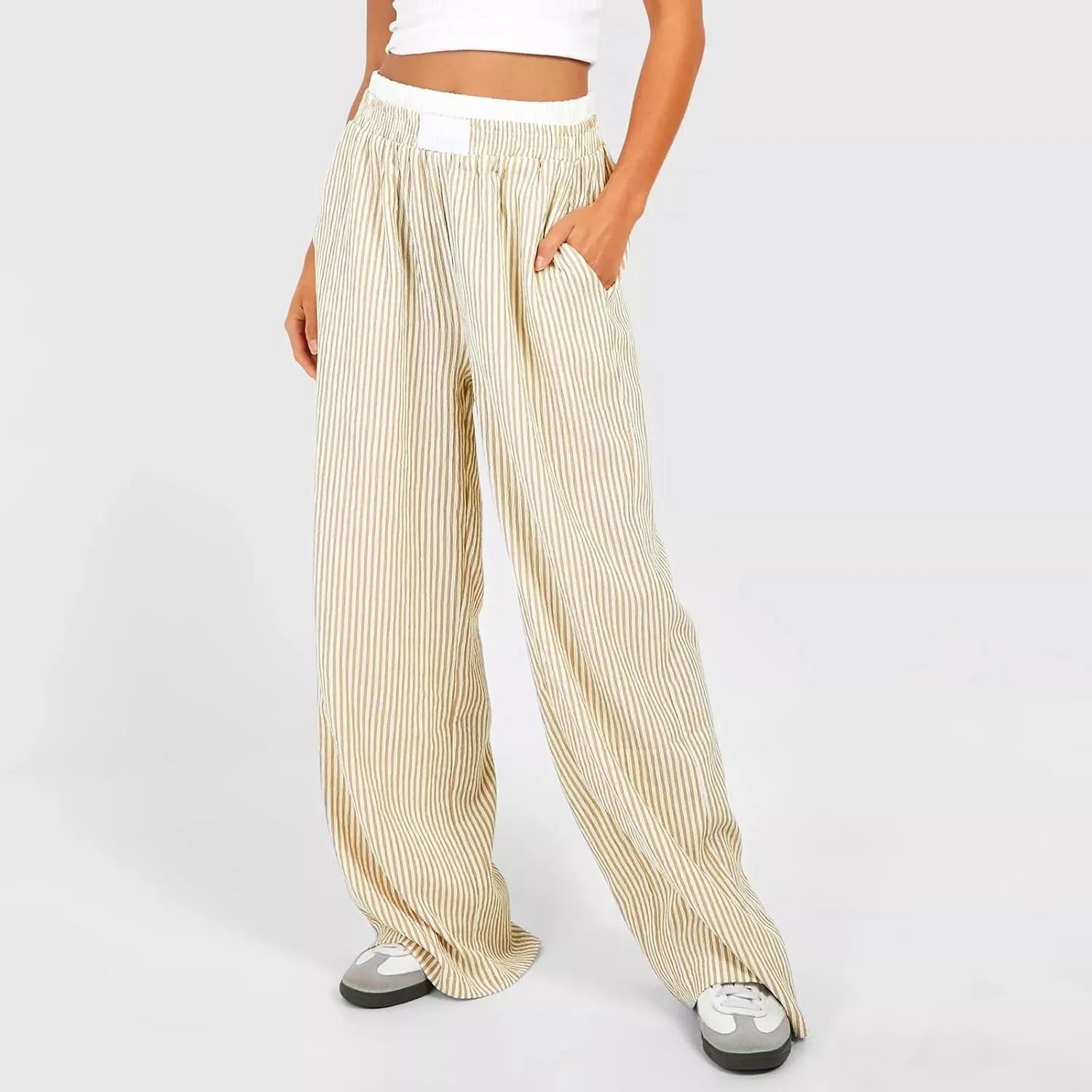 Owl's-Yard Women Y2K Stripe Print Pants Elastic Waist Dreawstring Wide Leg Trousers Striped Casual Lounge Pants with Pockets