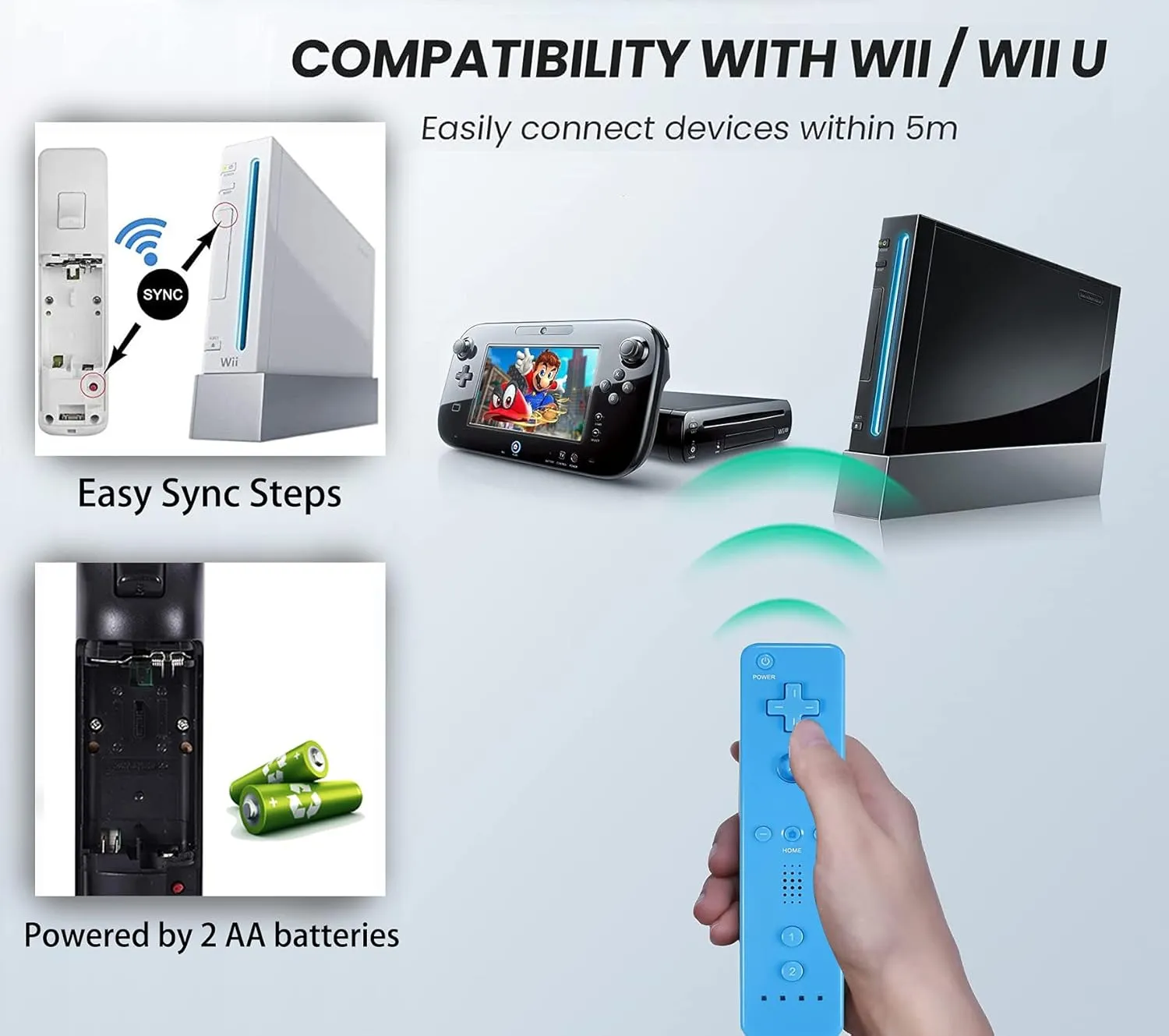 PGYFDAL 4 Packs Classic Remote Controller Compatible for Wii Wii U Console, Gamepad with Soft Silicone Sleeve and Wrist Strap (Black White Red Blue)