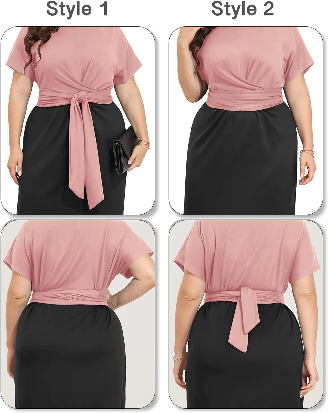 Pinup Fashion Plus Size Dresses for Women Wedding Guest Short Sleeve Tie Front Waist Belted Pencil Work Knee Dress