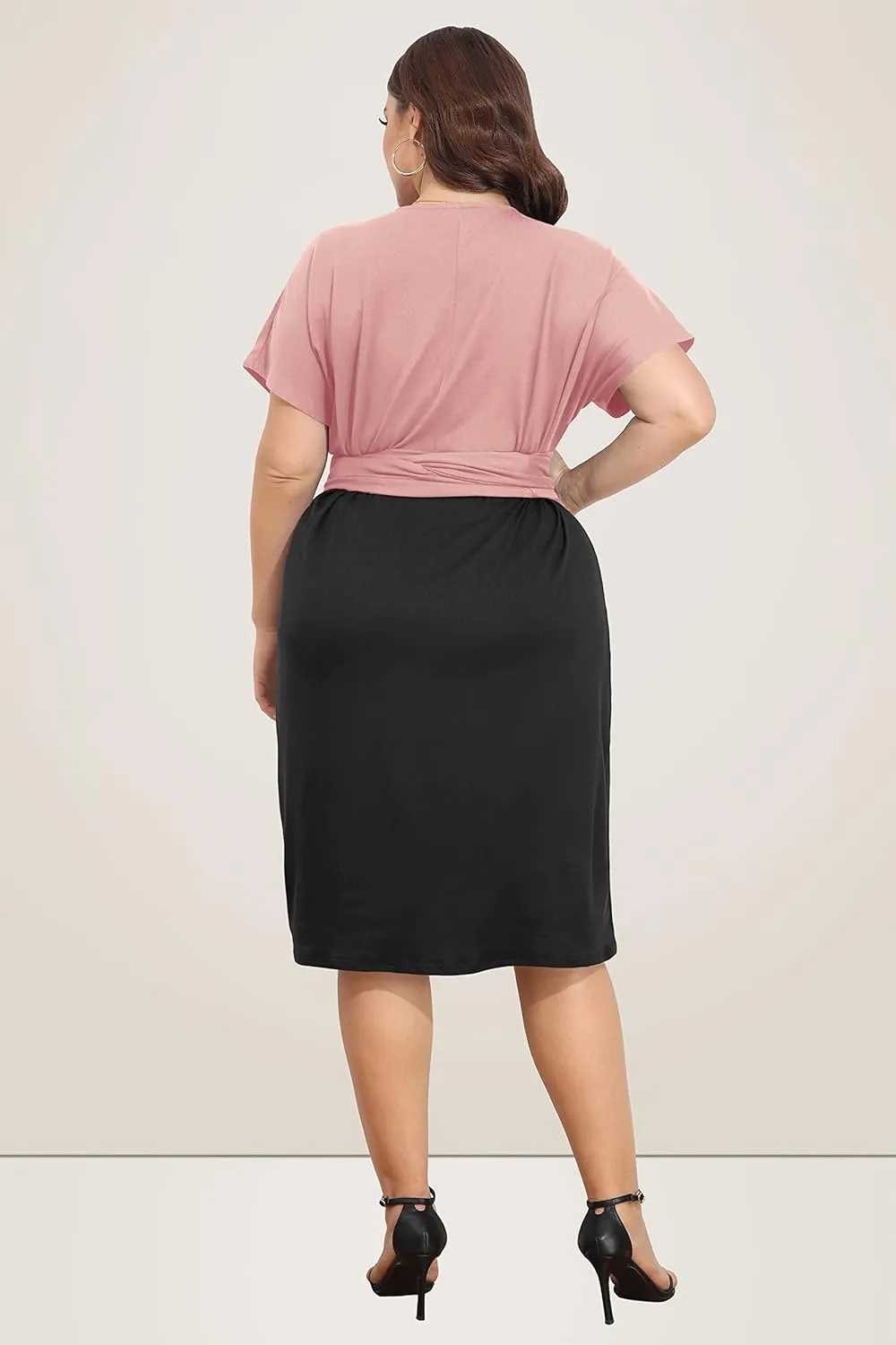 Pinup Fashion Plus Size Dresses for Women Wedding Guest Short Sleeve Tie Front Waist Belted Pencil Work Knee Dress