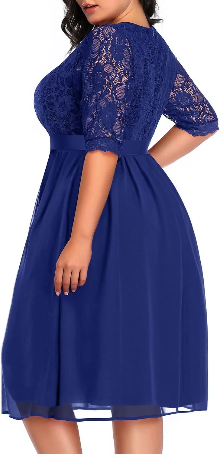 Pinup Fashion Plus Size Lace Chiffon Wrap V Neck Dresses Women Cocktail Wedding Guest Midi Dress