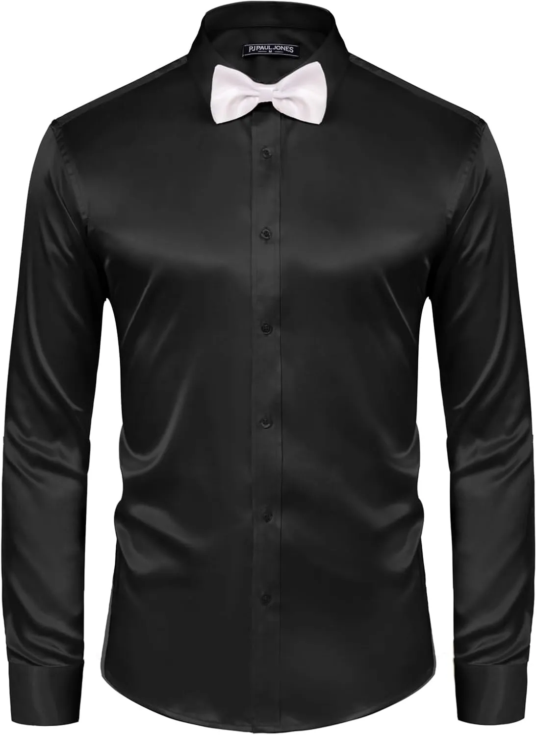 PJ PAUL JONES Men's Shiny Satin Dress Shirts Long Sleeve Button Down Silk Shirt with Bow Tie