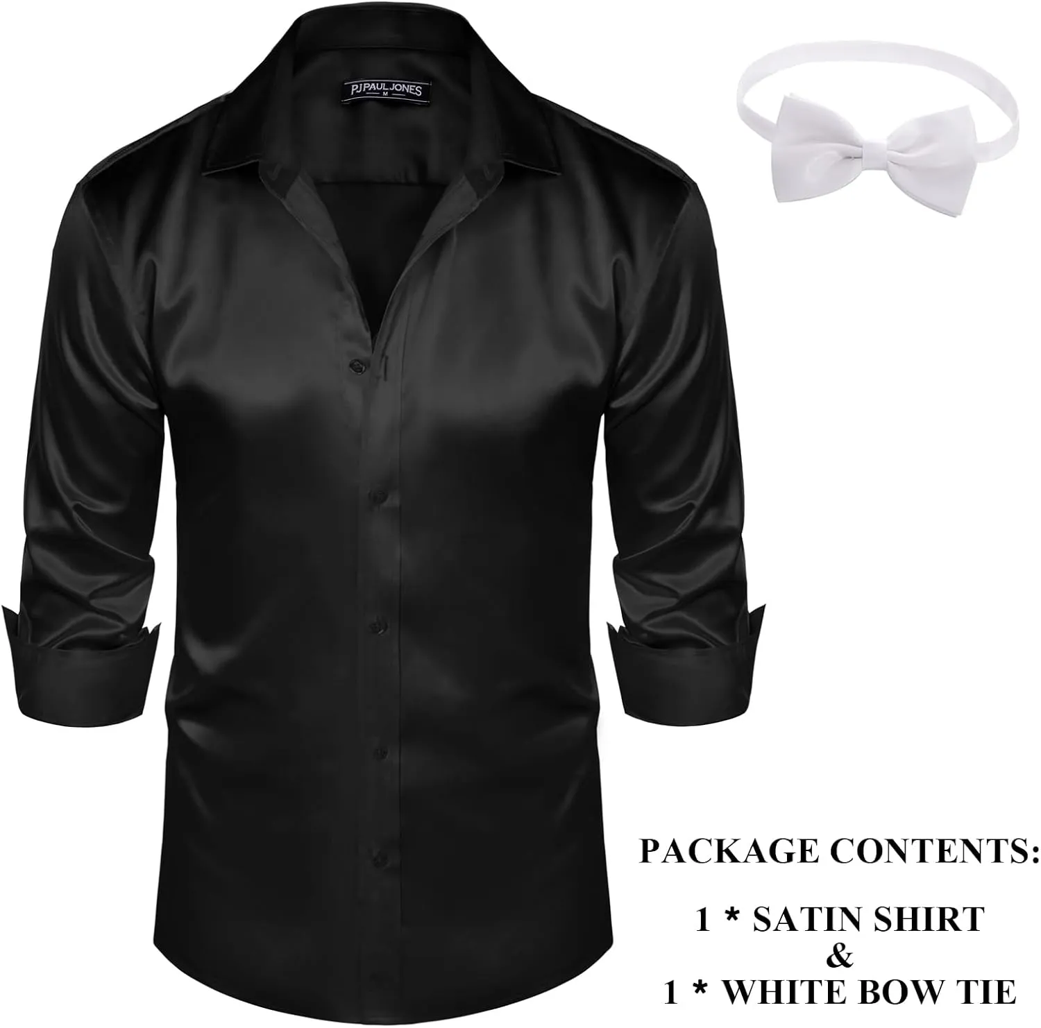 PJ PAUL JONES Men's Shiny Satin Dress Shirts Long Sleeve Button Down Silk Shirt with Bow Tie