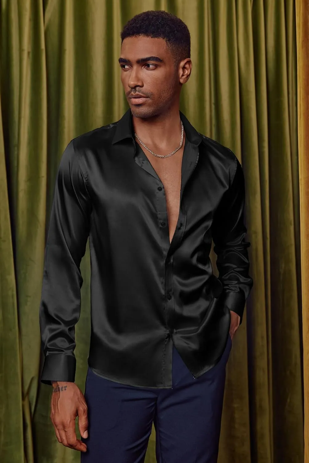PJ PAUL JONES Men's Shiny Satin Dress Shirts Long Sleeve Button Down Silk Shirt with Bow Tie