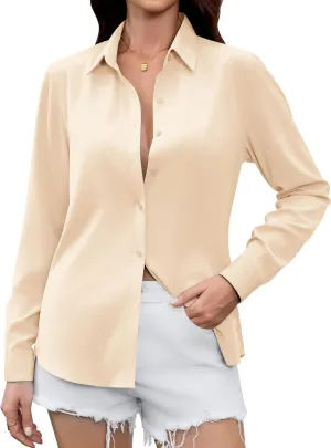 Premium Soft Breathable Satin Silk Button Down Shirts for Women Long Sleeve Blouses Work Dress Casual Tops