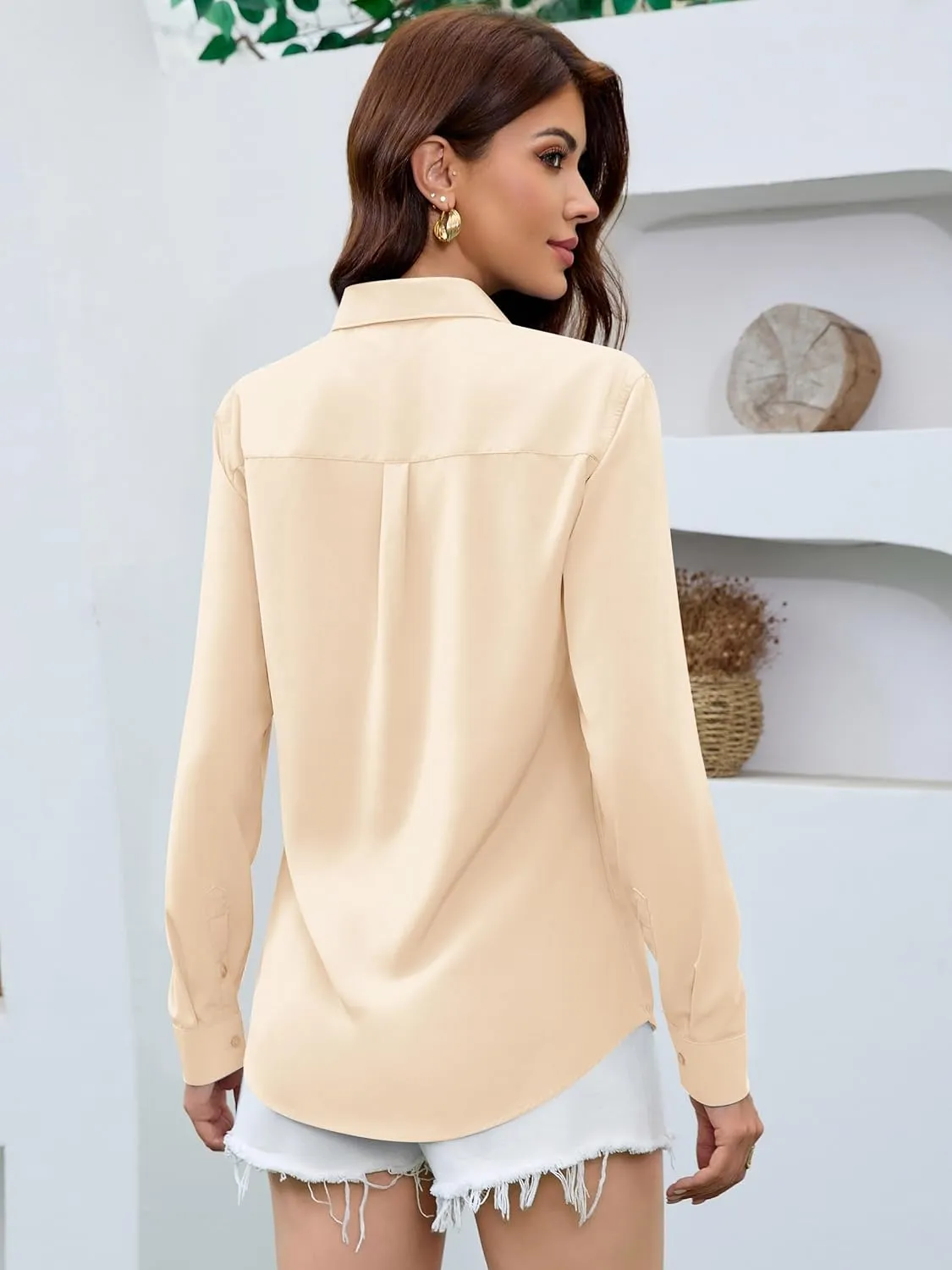 Premium Soft Breathable Satin Silk Button Down Shirts for Women Long Sleeve Blouses Work Dress Casual Tops