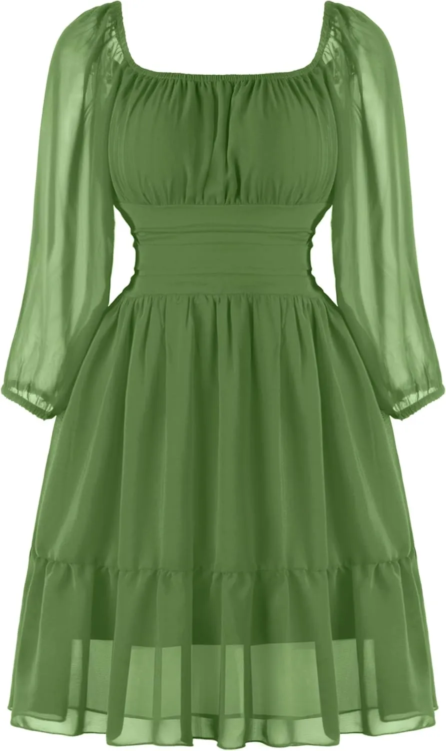 PUKAVT Women's Summer Dresses 2025 Square Neck Tie Back 3/4 Lantern Sleeve Vintage Chiffon Short Dress