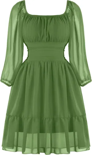 PUKAVT Women's Summer Dresses 2025 Square Neck Tie Back 3/4 Lantern Sleeve Vintage Chiffon Short Dress